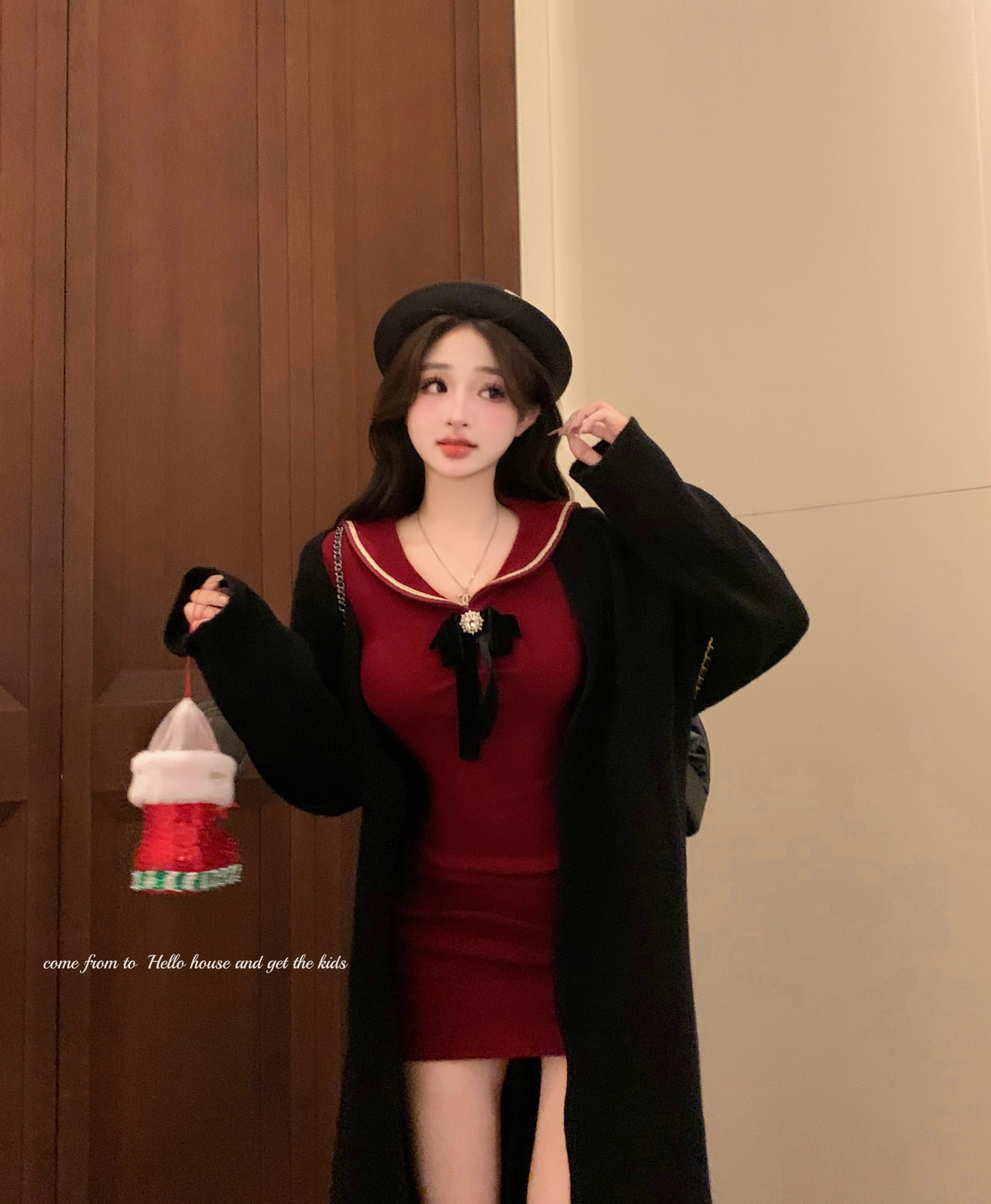 Real shot~Sweet and pure lust bow knitted dress with hip-hugging skirt, mid-length sweater and jacket, versatile
