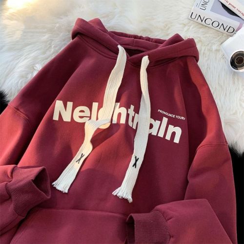 Velvet hooded letter print sweatshirt for women autumn and winter new loose oversize retro street style thickened jacket