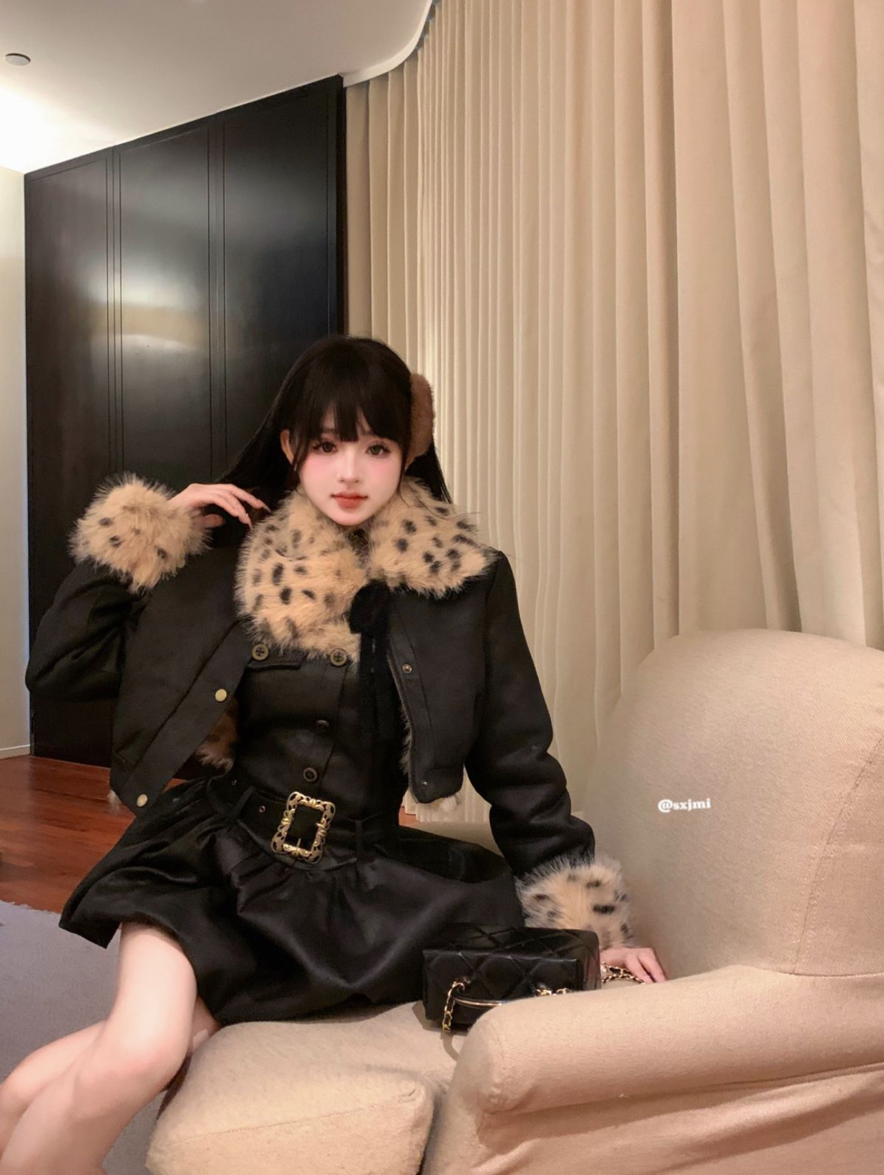 實拍豹紋毛毛外套女高級感百搭小個子兩面穿短款加厚棉服