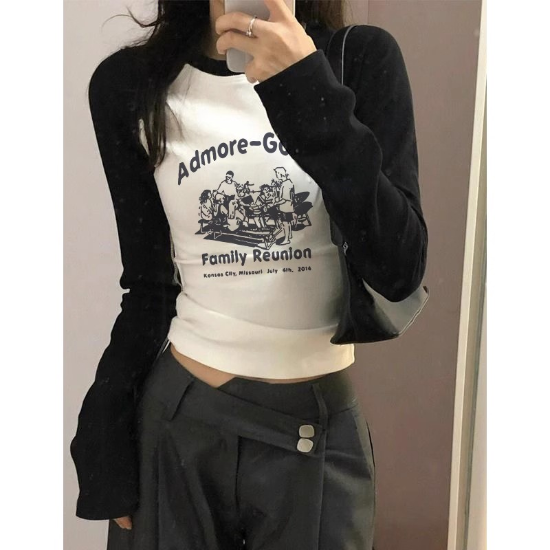 Shoulder bag collar American fashion brand contrasting color raglan long-sleeved T-shirt autumn slimming hot girl bottoming top