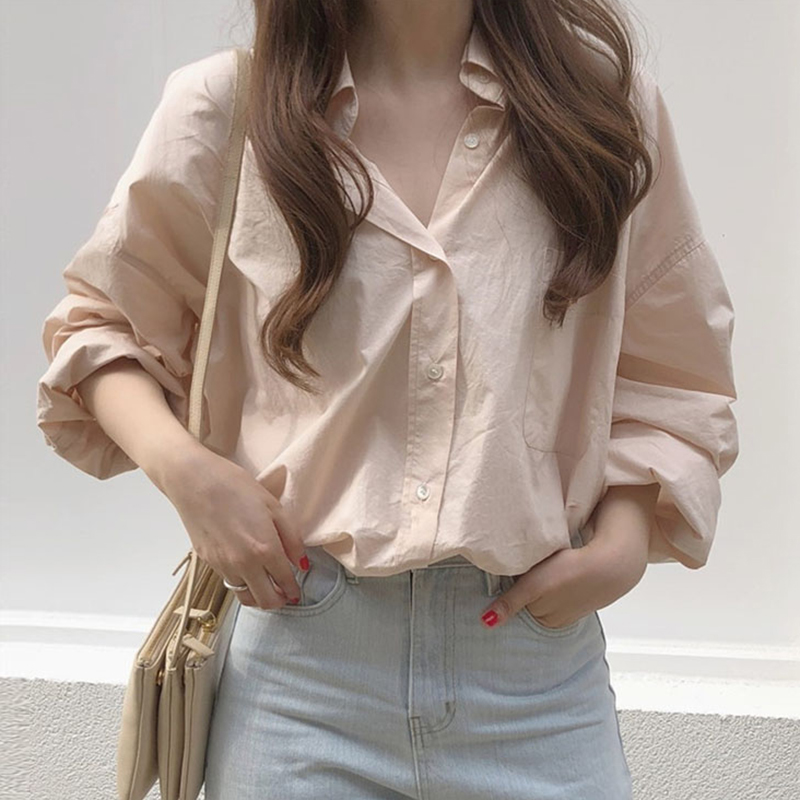 韓國chic法式氣質設計休閒純色襯衫上衣女