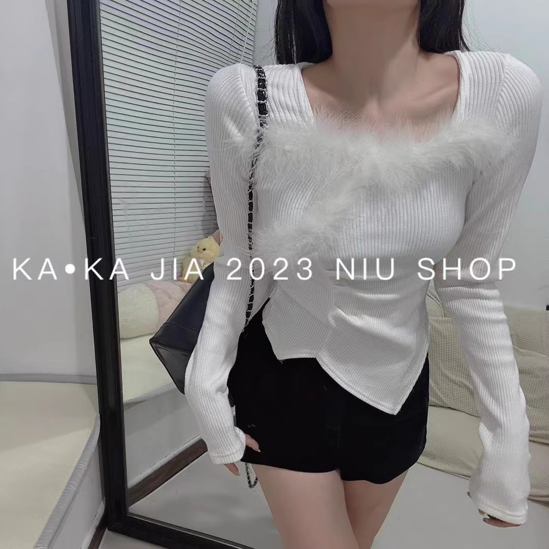 2023 new autumn and winter sweet temperament long-sleeved women's furry stitching versatile long-sleeved sweater tops for women