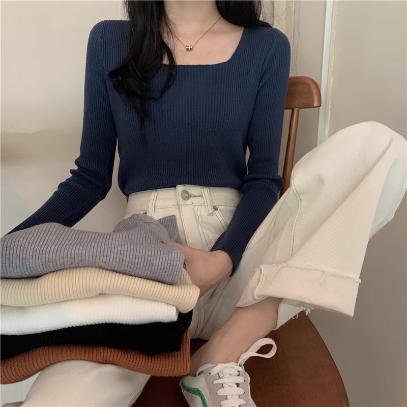 2023年新款秋冬設計感小眾方領長袖針織打底衫女百搭修身顯瘦上衣