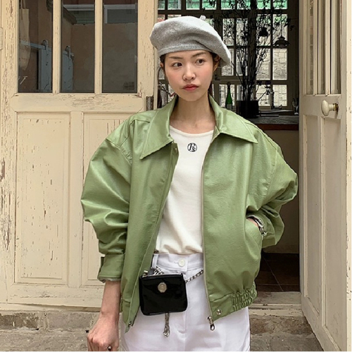 Fruit green solid color retro jacket style PU leather short coat Korean style autumn new Hong Kong style casual gram top