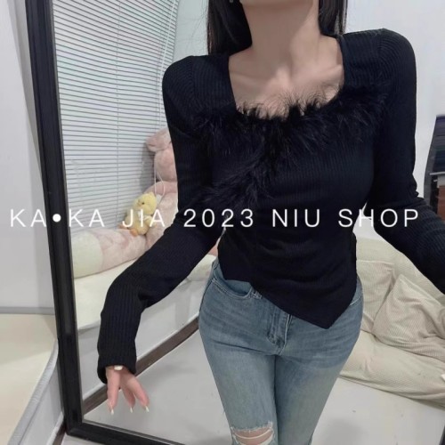  new autumn and winter sweet temperament long-sleeved women's furry stitching versatile long-sleeved sweater tops for women