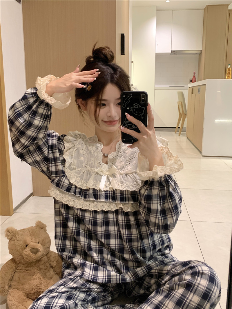 實拍韓版甜美重工蕾絲全棉英倫格子寬鬆休閒秋季長袖家居服套