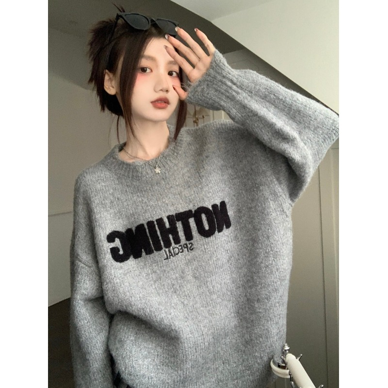 高質量字母刺繡圓領長袖針織衫女秋冬季寬鬆軟糯套頭外穿毛衣