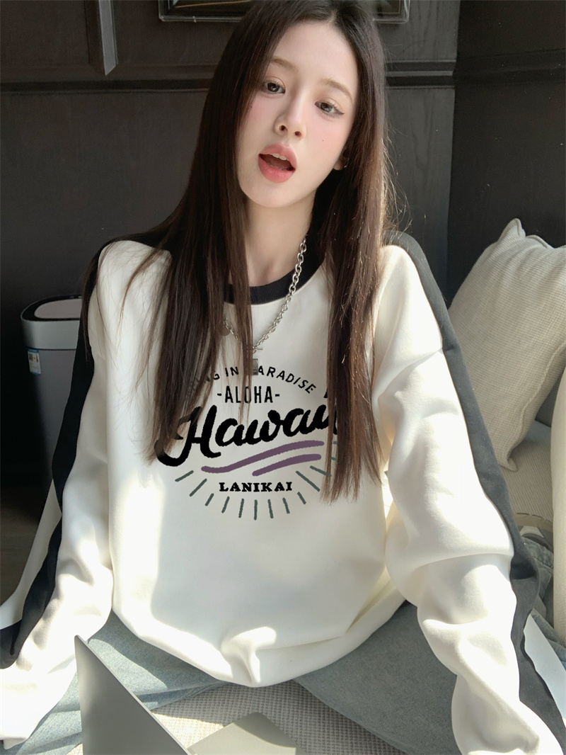 實拍 美式復古加絨插肩衛衣女oversize撞色拼接圓領長袖寬鬆潮入