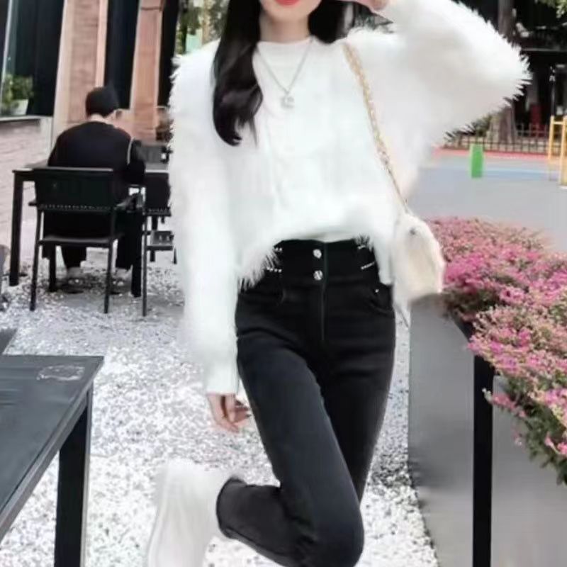 仿水貂絨毛衣女秋冬設計感小眾短款毛毛上衣高級感毛絨加厚打底衫