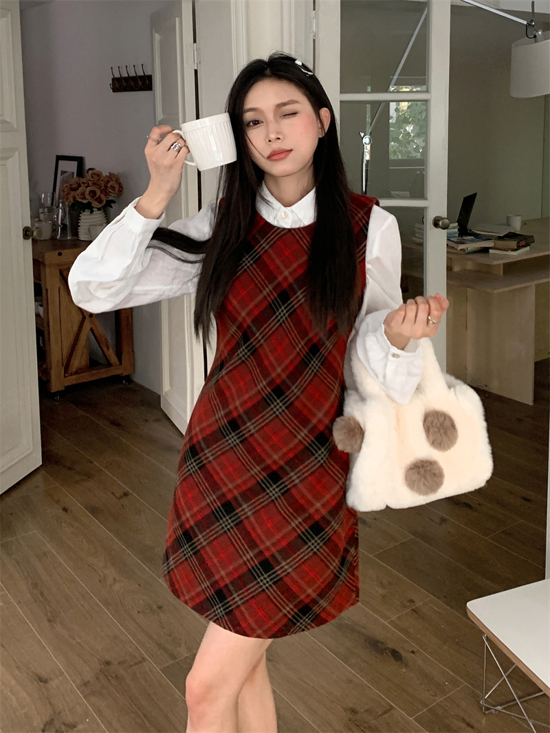 實拍  50002綁帶白色襯衣+50003 聖誕格紋毛呢背心連衣裙女裙子