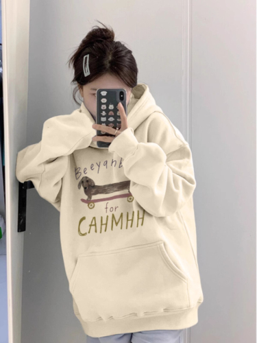 Official picture of apricot color hooded sweatshirt for women, American retro dachshund dog Christmas and New Year sweatshirt, autumn and winter thickened pullover hoodie