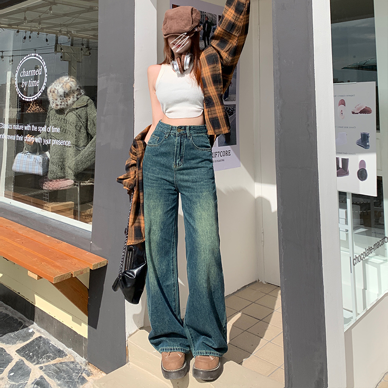 Actual shot of 2024 early spring new denim wide-leg pants for women high-waisted floor-length pants