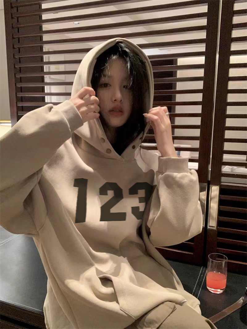 Real shot of large size American hooded mid-length sweatshirt for women 2023 loose oversize jacket casual top trendy