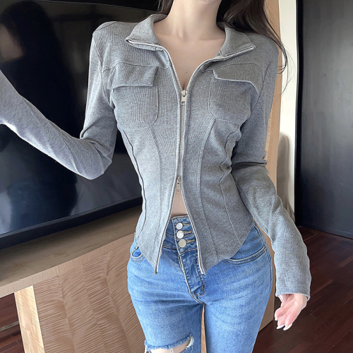 Actual shot~Original method of large size short coat women's autumn new style zipper temperament slim slim long-sleeved top