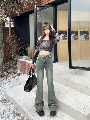 Real shot!  Micro-flare retro jeans, high-waisted design, new raw edge trousers, slim trousers, flared trousers