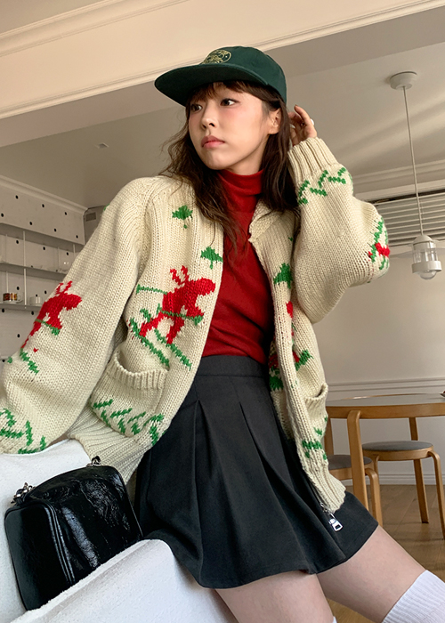 韓國chic冬日聖誕重工氣質翻領加厚保暖拉鏈毛衣外套女針織開衫