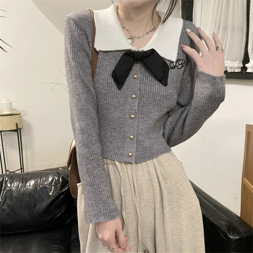 Real shot of bow-knot gray sweater jacket for women with design sense long-sleeved knitted cardigan niche short top