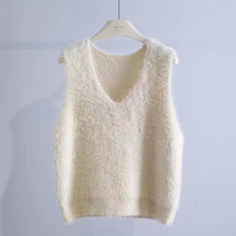 Retro style imitation mink velvet sweater women's vest new style 2023 spring and autumn loose V-neck sleeveless knitted vest thick