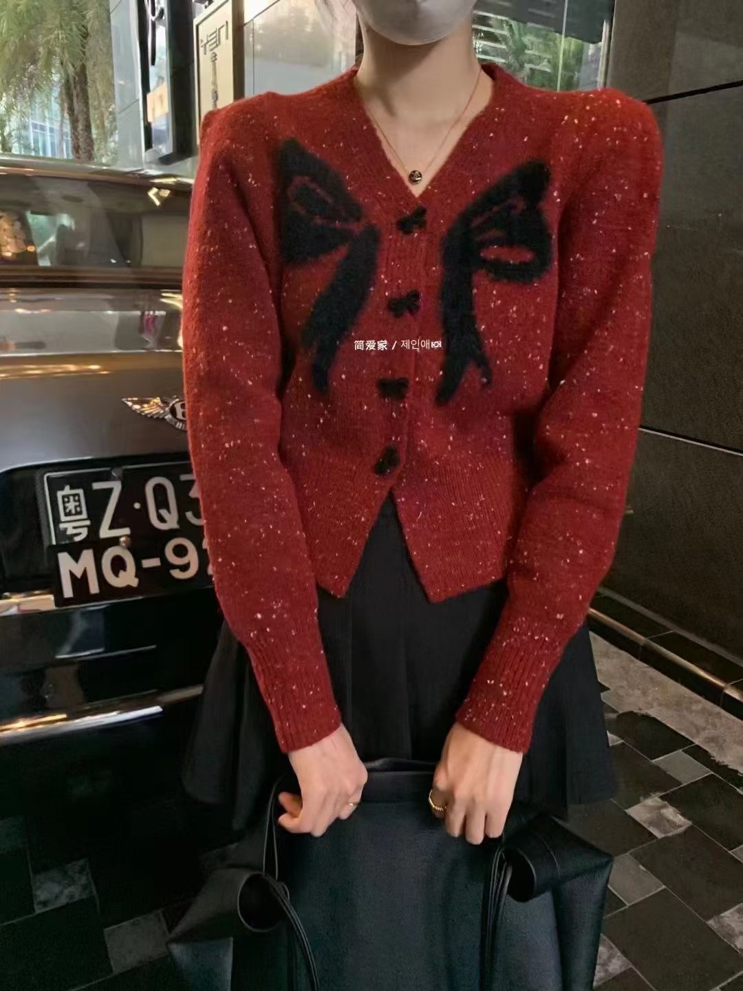 V領蝴蝶結針織衫女秋冬季新款長袖短款毛衣開衫上衣潮