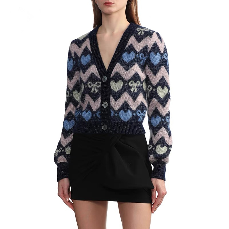 European autumn and winter new fashion trendy little cute love bow pattern mohair knitted cardigan