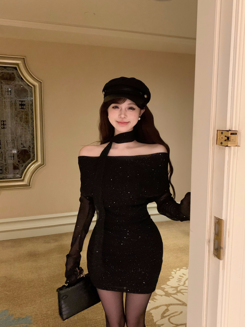 Real shot of Pure Desire Hot Girl Off-the-Shoulder Dress Women's Autumn and Winter New Sexy Waist Slimming Long Sleeve Hip Covering Skirt