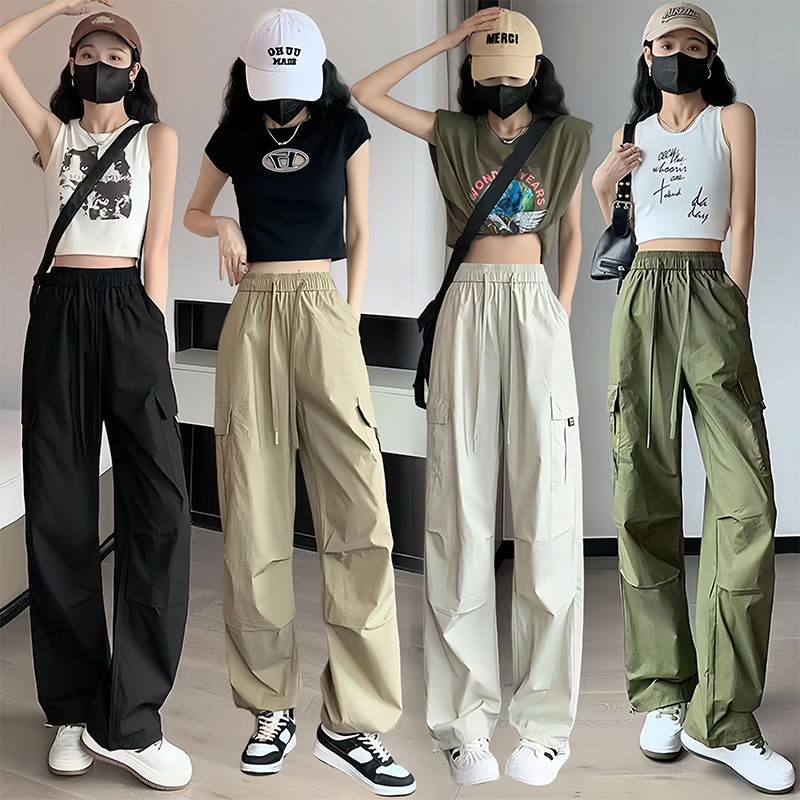 美式復古工裝休閒褲女夏季百搭直筒垂感束腳長褲寬鬆闊腿褲子ins
