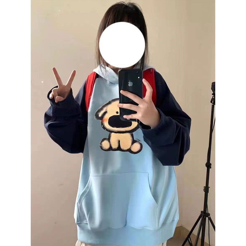 Super popular raglan sleeve sweatshirt for women spring and autumn 2023 new style printed round neck stitching contrasting colors loose and slimming