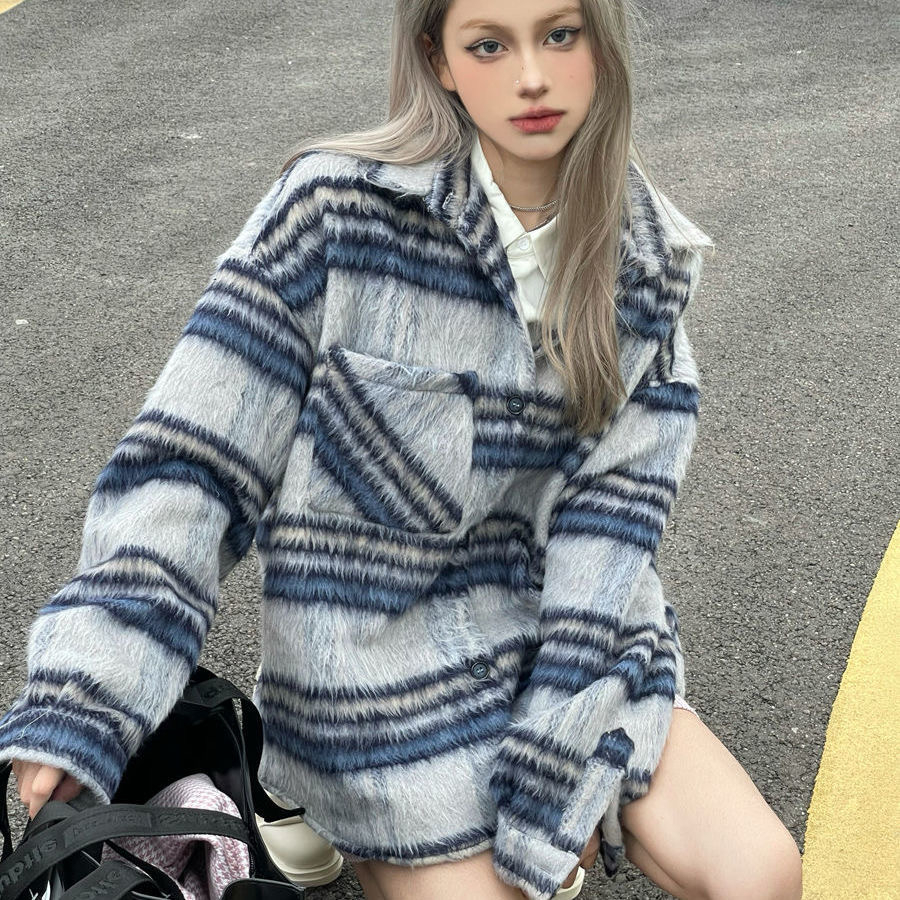 LIL CHER格紋連帽夾棉外套女2023秋冬新款韓版寬鬆休閒慵懶風上衣