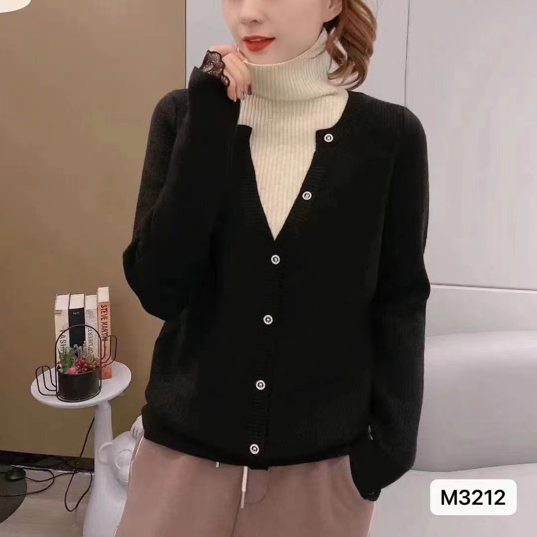 2023 Autumn and Winter New Korean Style High Collar Spliced ​​Breasted Fake Two-piece Lace Trim Long Sleeve Top for Women