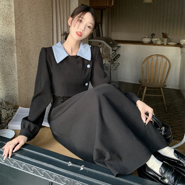 韓國磨毛 赫本風假兩件秋冬連衣裙2023新款polo領配大衣打底裙女