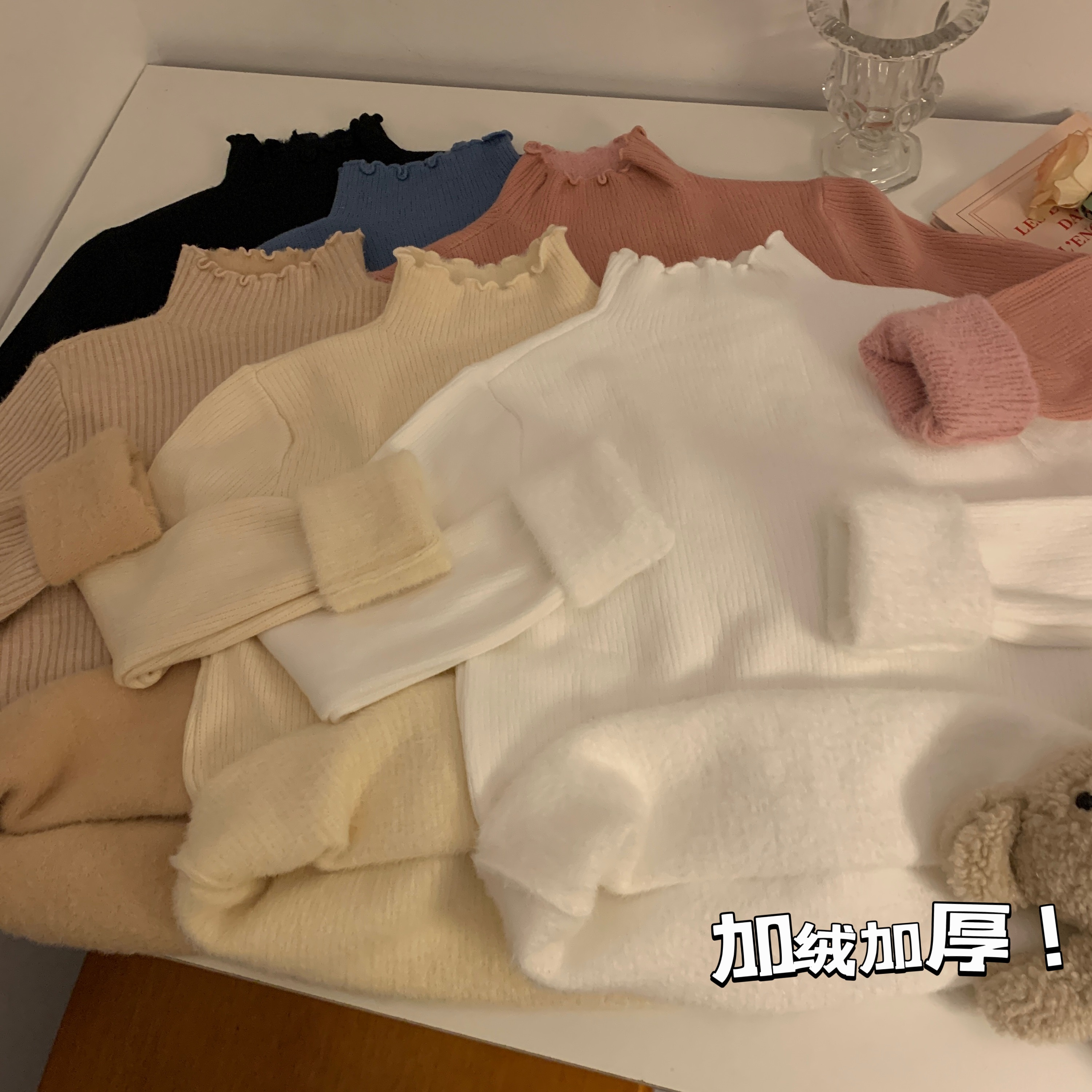 Real shot of solid color lace half turtleneck long-sleeved sweater women's winter velvet thickened bottoming shirt warm top