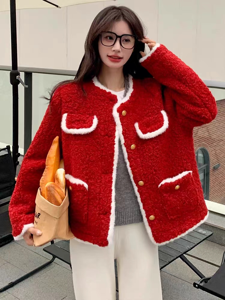 中國紅小香風羊羔毛外套女秋冬皮毛一體小個子短款甜美
