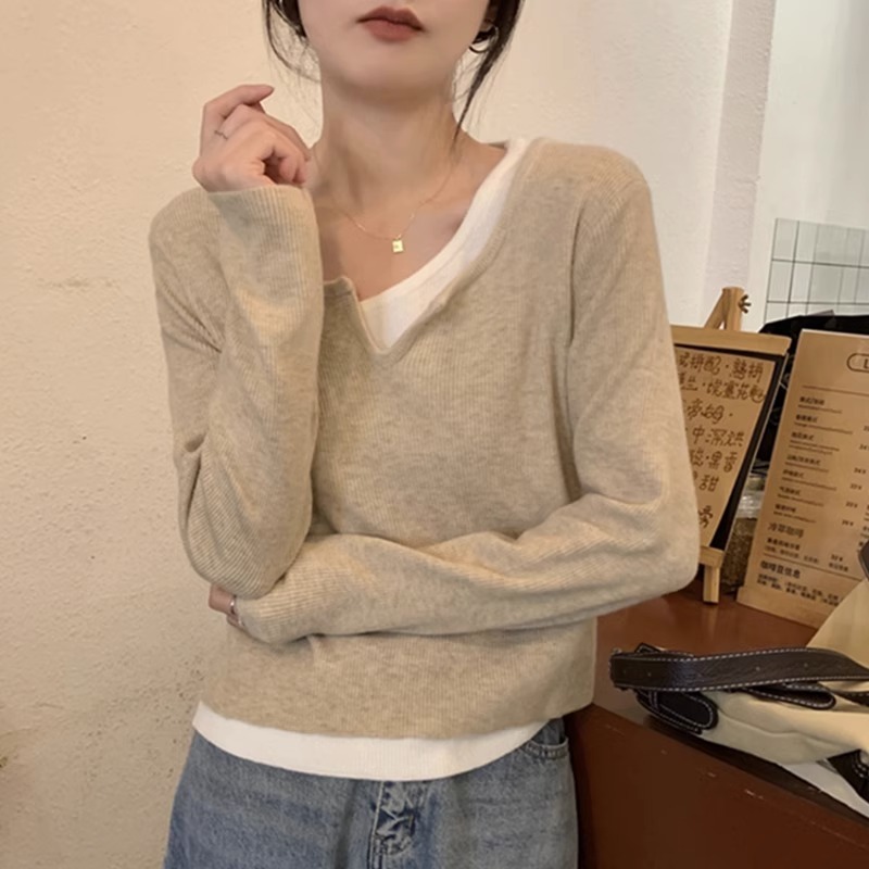 假兩件針織衫女秋冬季外穿設計感小眾韓系溫柔風撞色氣質打底毛衣