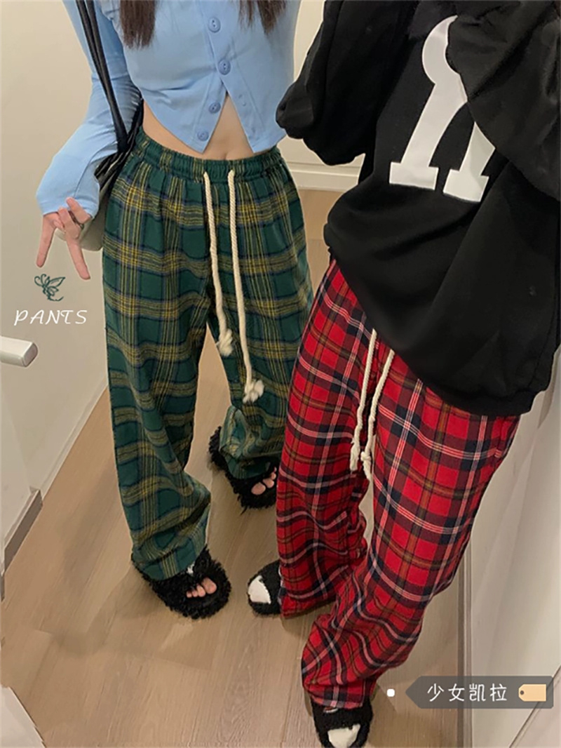 紅色格子褲休閒褲女秋季新款美式運動褲小個子闊腿褲褲子秋裝長褲