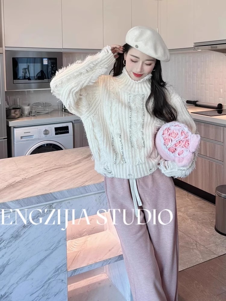 彩虹碎鑽高級感流蘇高領毛衣女2023秋冬顯瘦百搭短款針織上衣