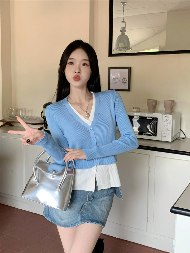 實拍  小眾不規則內搭上衣女辣妹條紋V領長袖打底衫T恤