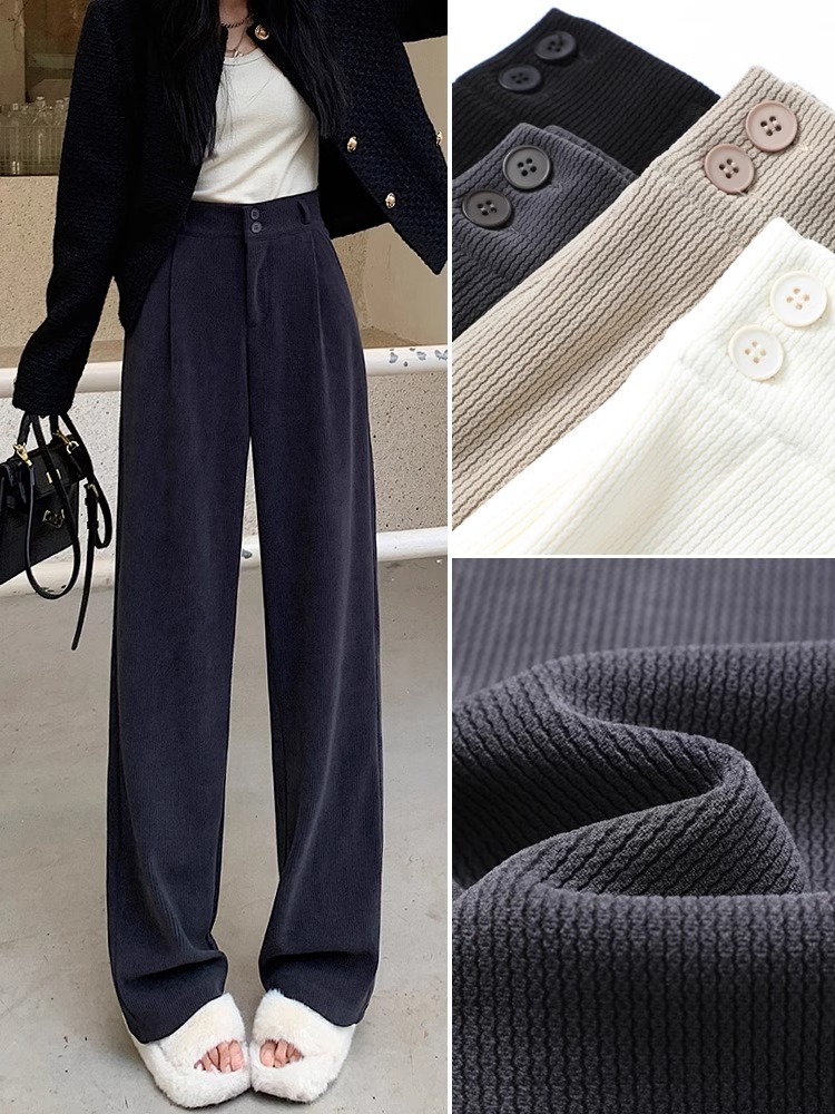 Black corduroy wide-leg pants for women autumn and winter petite 2023 new chenille suit pants straight-leg floor mopping pants