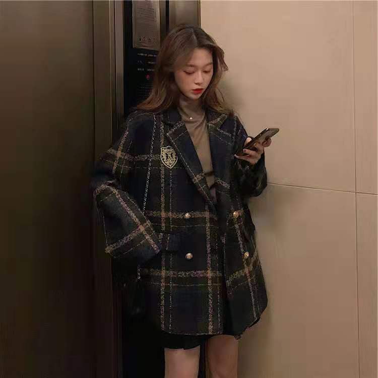大碼毛呢外套女小個子新款秋冬胖妹妹格子短款西裝呢子大衣