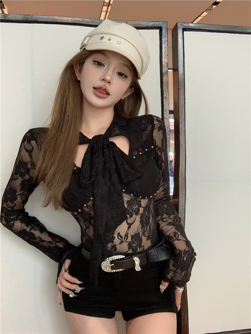 Real shot 2023 new style rivet lace long-sleeved top