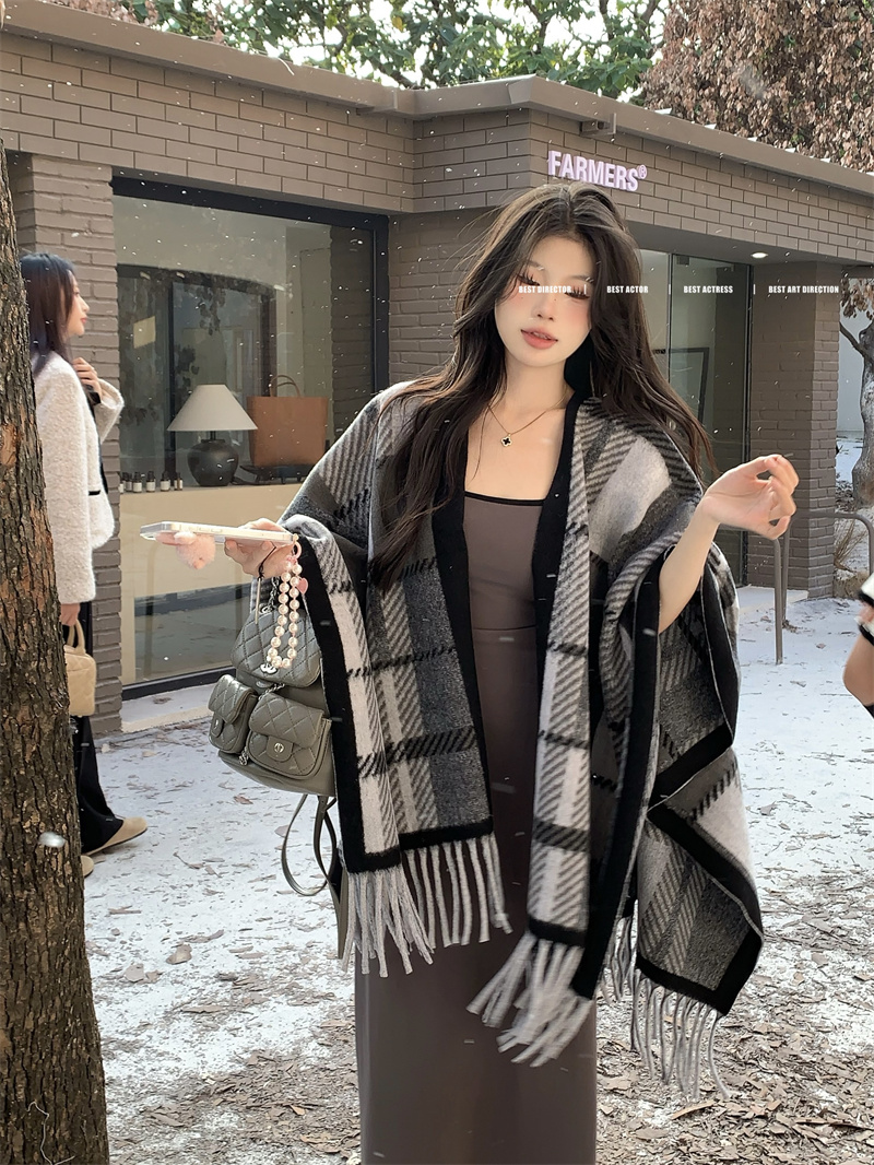 實拍 冬季美拉德大件格子羊絨披肩圍脖外套加厚格紋斗篷披風