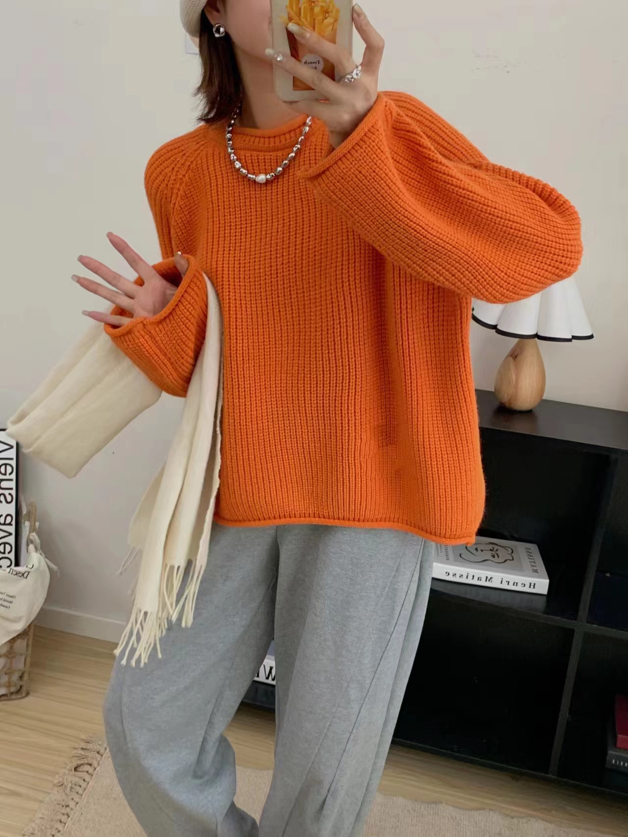 溫柔風純色燈籠袖圓領毛衣女秋冬新款韓版寬鬆加厚卷邊粗線針織衫