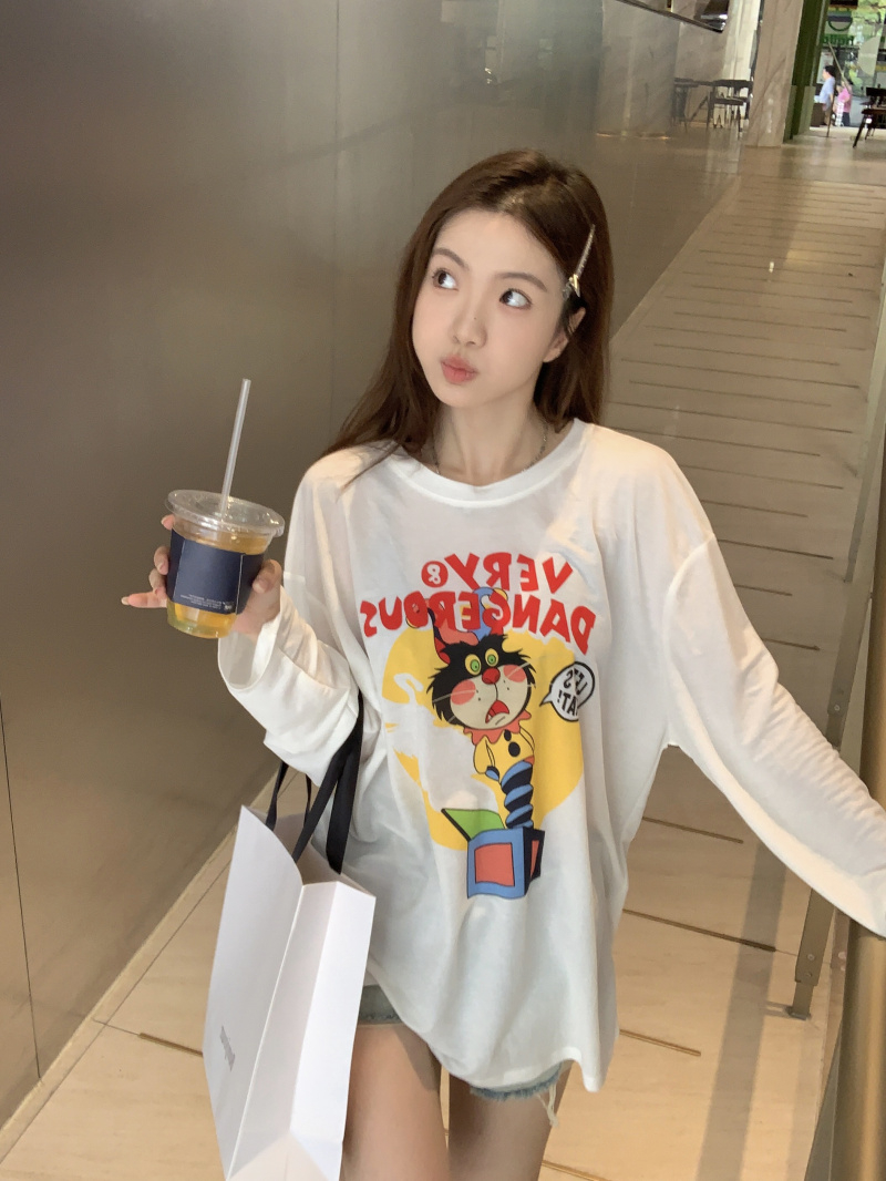 Spring and autumn new pure cotton long-sleeved T-shirt women's design niche top contrasting color loose age-reducing bottoming shirt