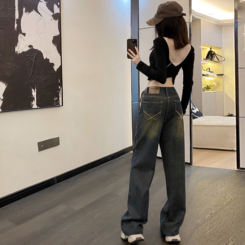 Actual shot of 2024 early spring new denim wide-leg pants for women high-waisted slim floor-length pants