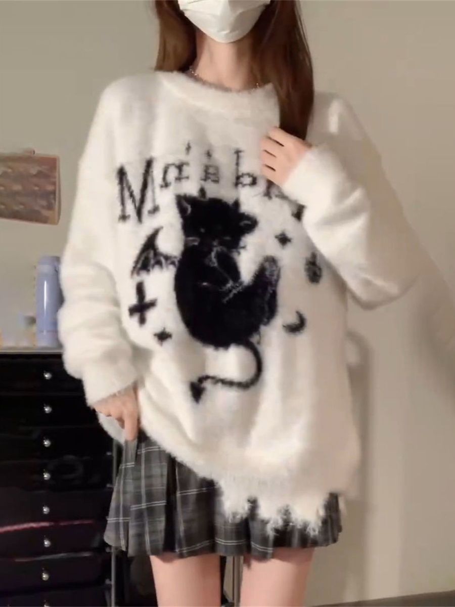 American retro little devil cat distressed jacquard hole design sweater autumn and winter lazy style soft waxy top