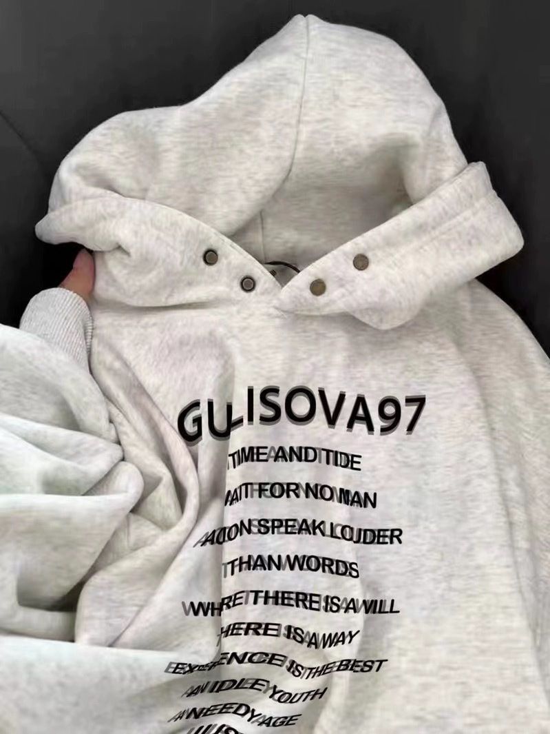 Plush American retro white sweatshirt for women, loose hooded, small, autumn and winter, long sleeves, casual and lazy