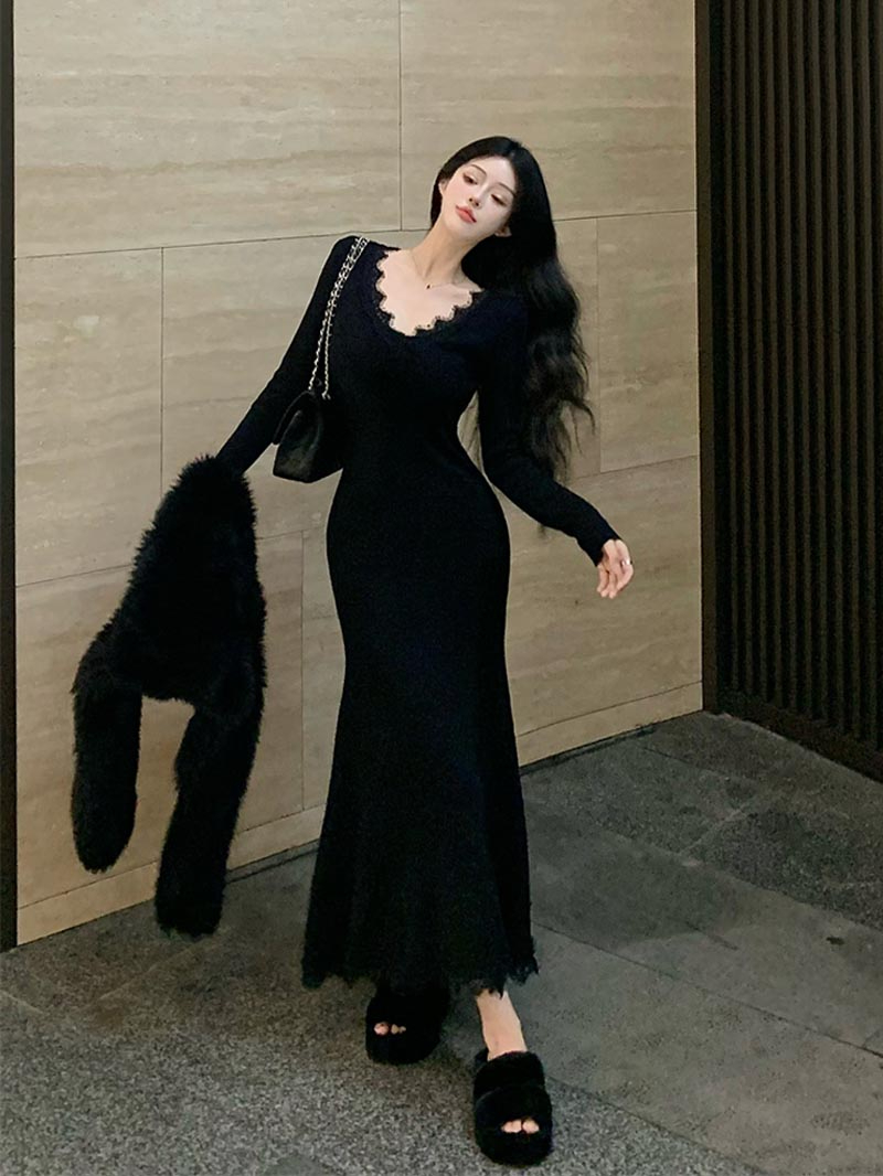 v領蕾絲邊拼接連衣裙女秋冬季打底長裙黑色長袖修身包臀魚尾裙子