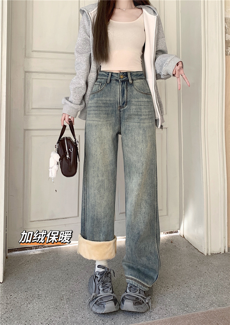 Actual shot ~ thickened velvet high-waisted wide-leg jeans for women in winter loose and drapey slim floor-length trousers