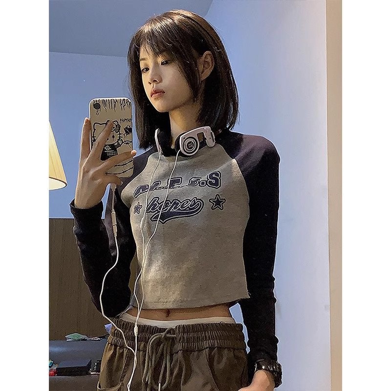 Shoulder bag collar American niche sweet and spicy style short cotton T-shirt autumn new design long-sleeved bottoming shirt