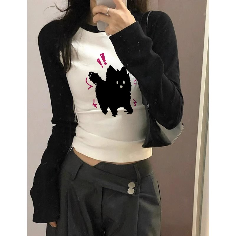 Shoulder bag collar black and white contrasting color splicing long-sleeved T-shirt autumn trendy brand niche design hot girl bottoming shirt