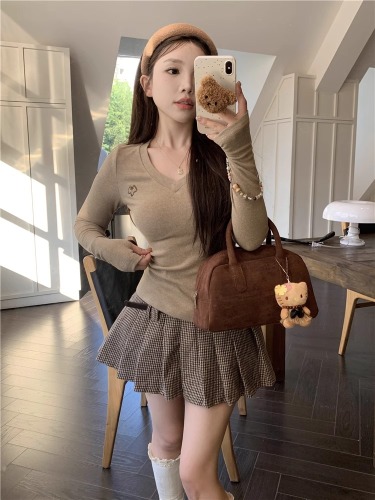 Design niche embroidery V-neck long-sleeved T-shirt women's winter sweet and spicy all-match bottoming shirt slim inner with apricot top